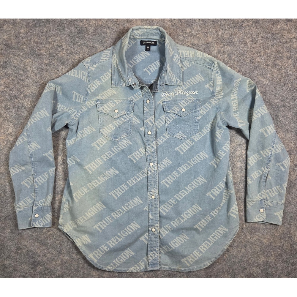 True Religion Georgia Denim Shirt Light Wash All Over AOP Western Snap Front M